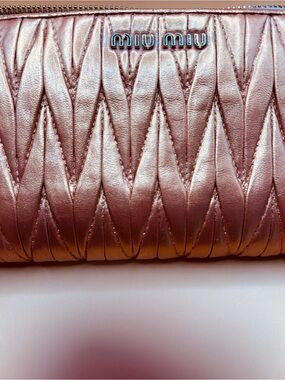 Miu Miu Quilted Metallic Rose Gold Wallet Clutch with COA and Box VGC